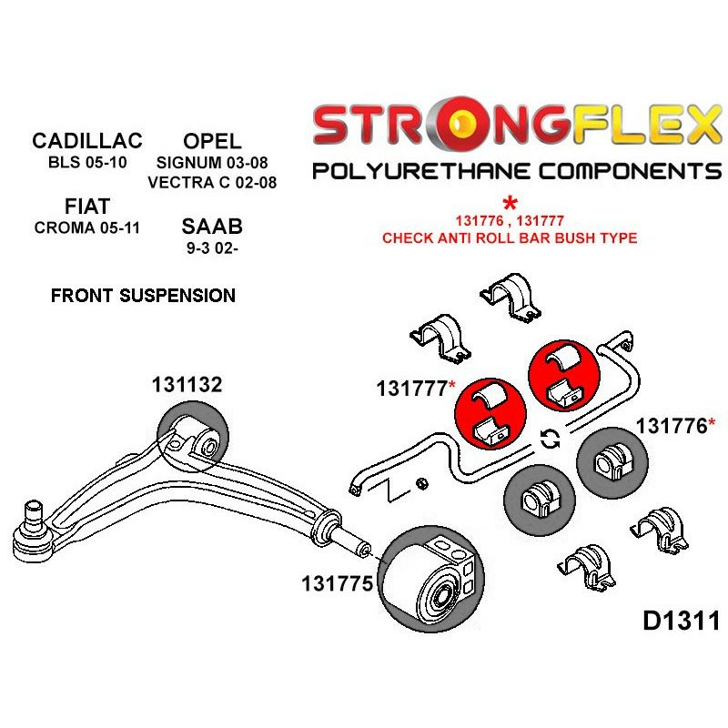 Front anti roll bar polyurethane bushes for Cadillac BLS Fiat Croma